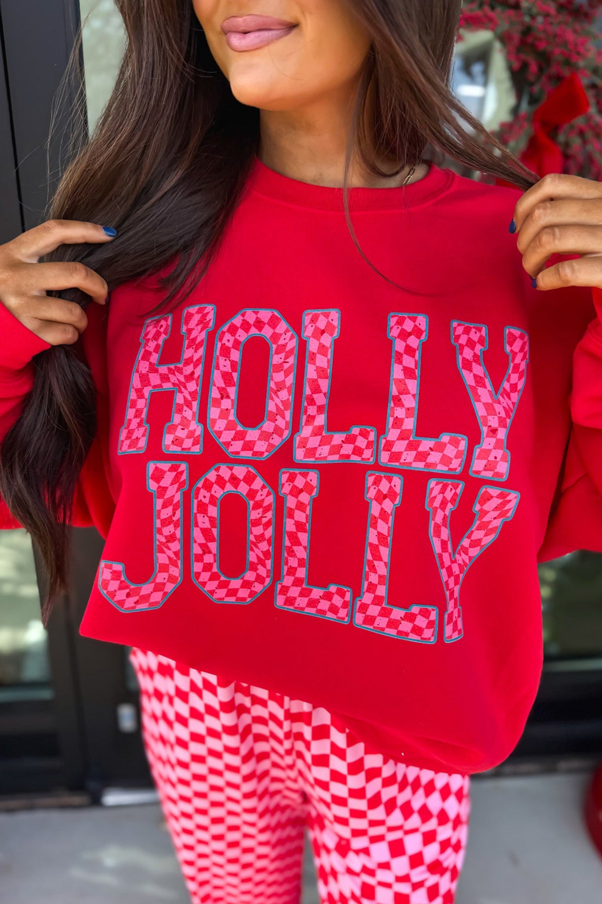 Pink Christmas Slogan Graphic Plaid Contrast Two-piece Pant Set PREORDER ETA 3 WEEKS