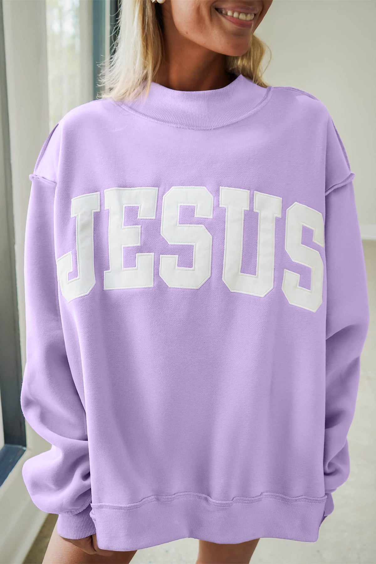 Orchid Bouquet JESUS Letter Patch Graphic Exposed Seam Mock Neck Baggy Sweatshirt PREORDER ETA 3 WEEKS