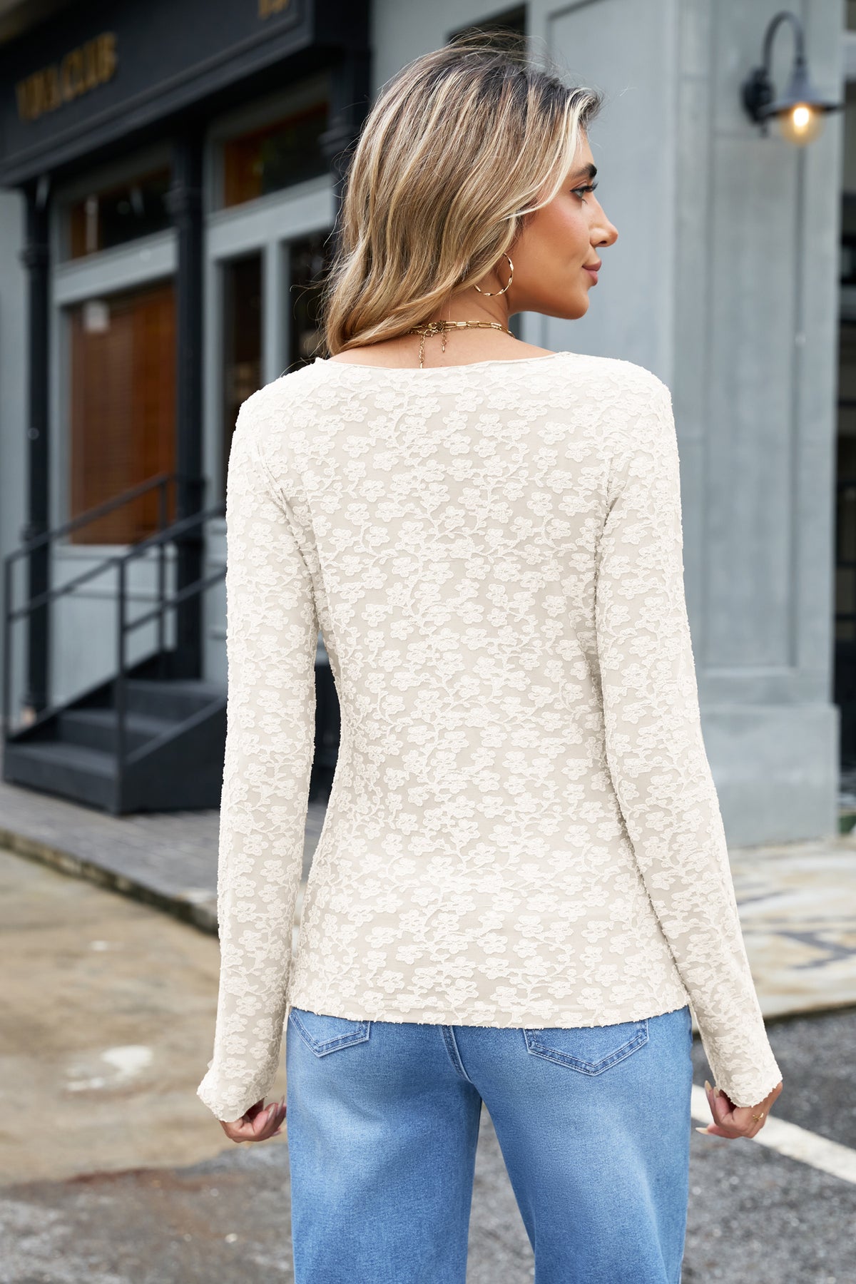 White Solid Color Floral Textured Long Sleeve Top PREORDER ETA 3 WEEKS