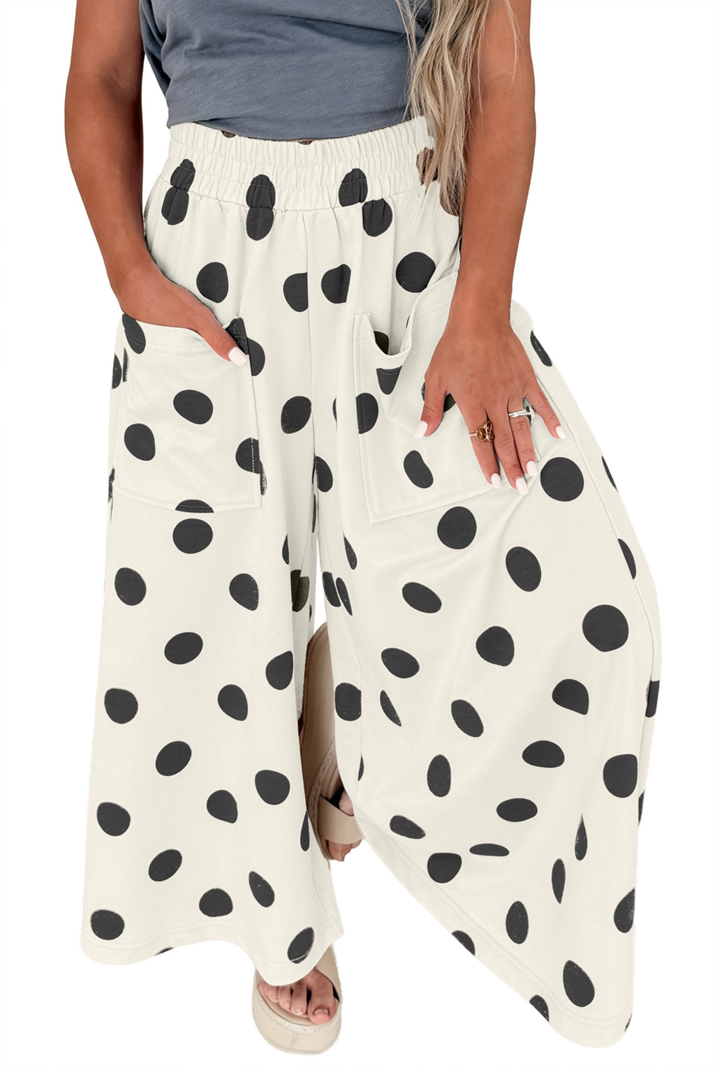 Beige Polka Dot Wide Leg Elastic Waist Casual Pants PREORDER ETA 3 WEEKS