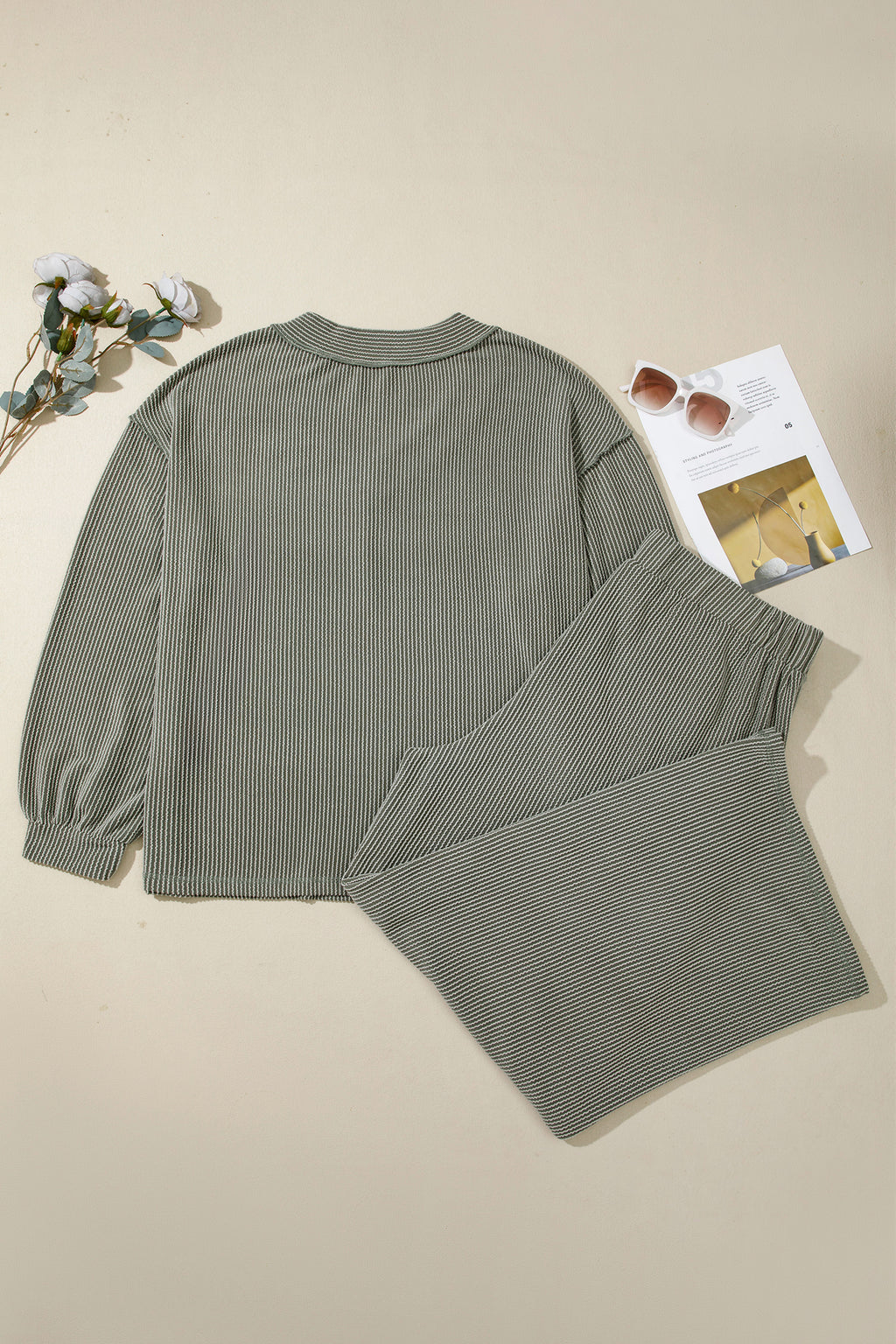 Four Leaf Clover Twisted Ribbed Exposed Seam Detail V Neck Pullover Plus Size Pant Set PREORDER ETA 3 WEEKS