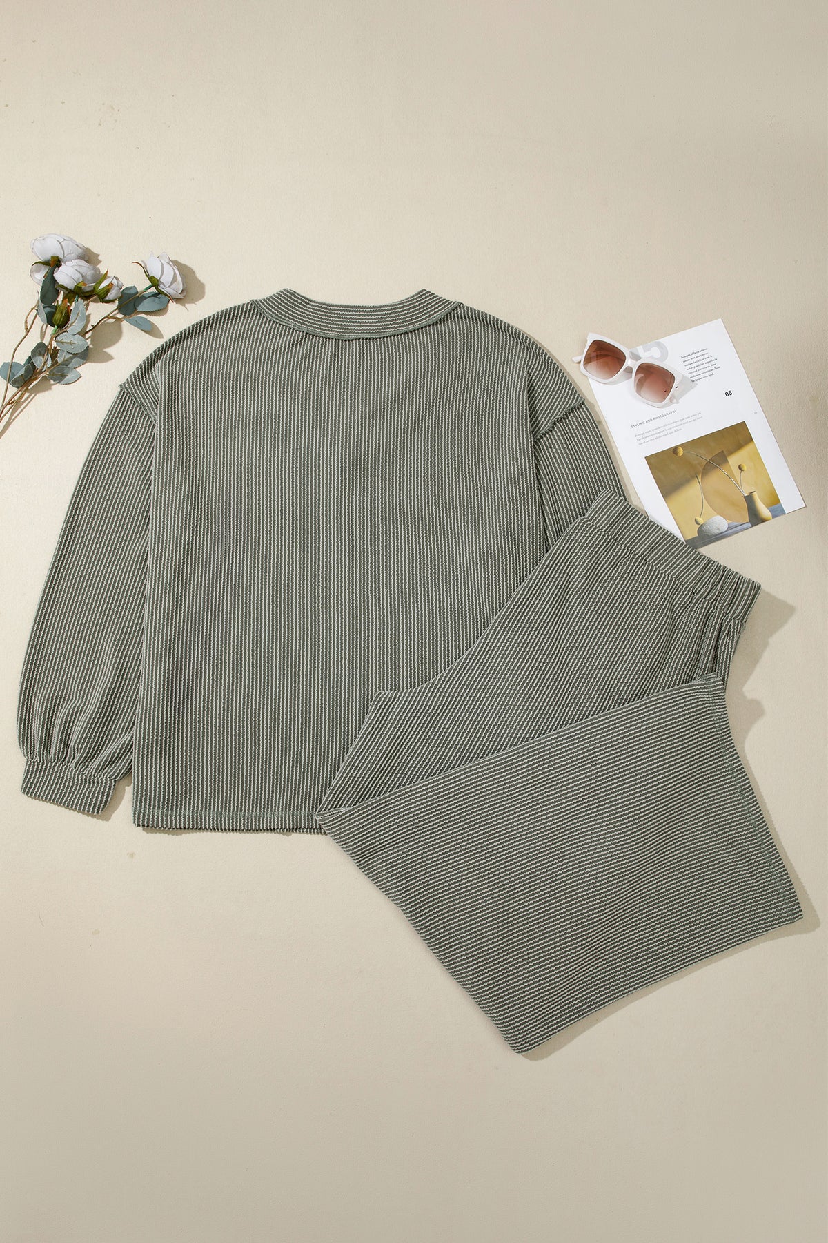 Four Leaf Clover Twisted Ribbed Exposed Seam Detail V Neck Pullover Plus Size Pant Set PREORDER ETA 3 WEEKS