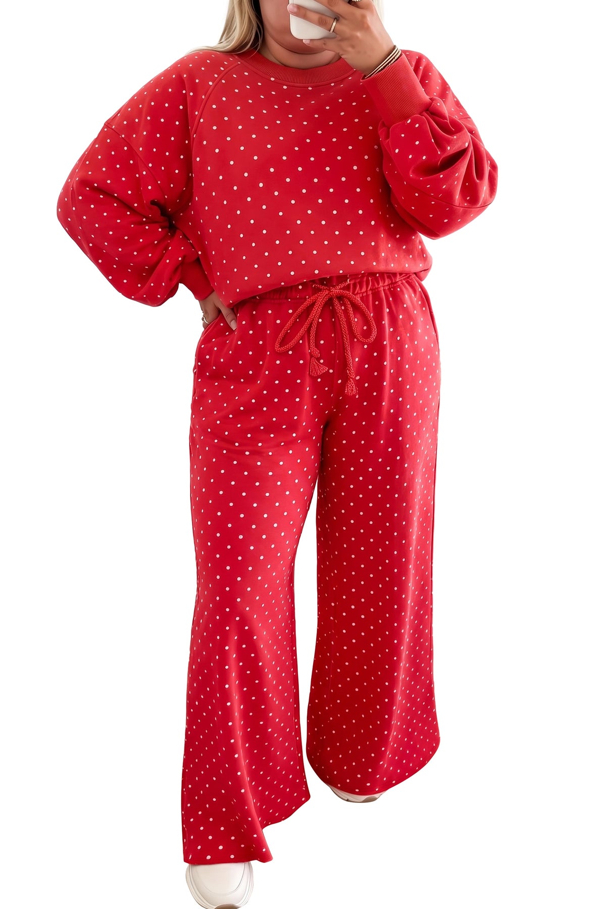 Red Polka Dot Round Neck Long Sleeve Plus Size Set PREORDER ETA 3 WEEKS