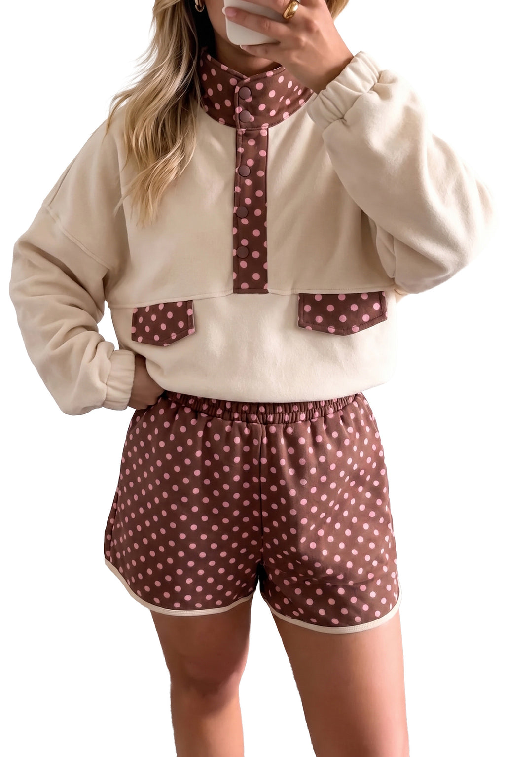 Brown Polka Dot Contrast Baggy Pullover and Elastic Waist Shorts 2pcs Set PREORDER ETA 3 WEEKS
