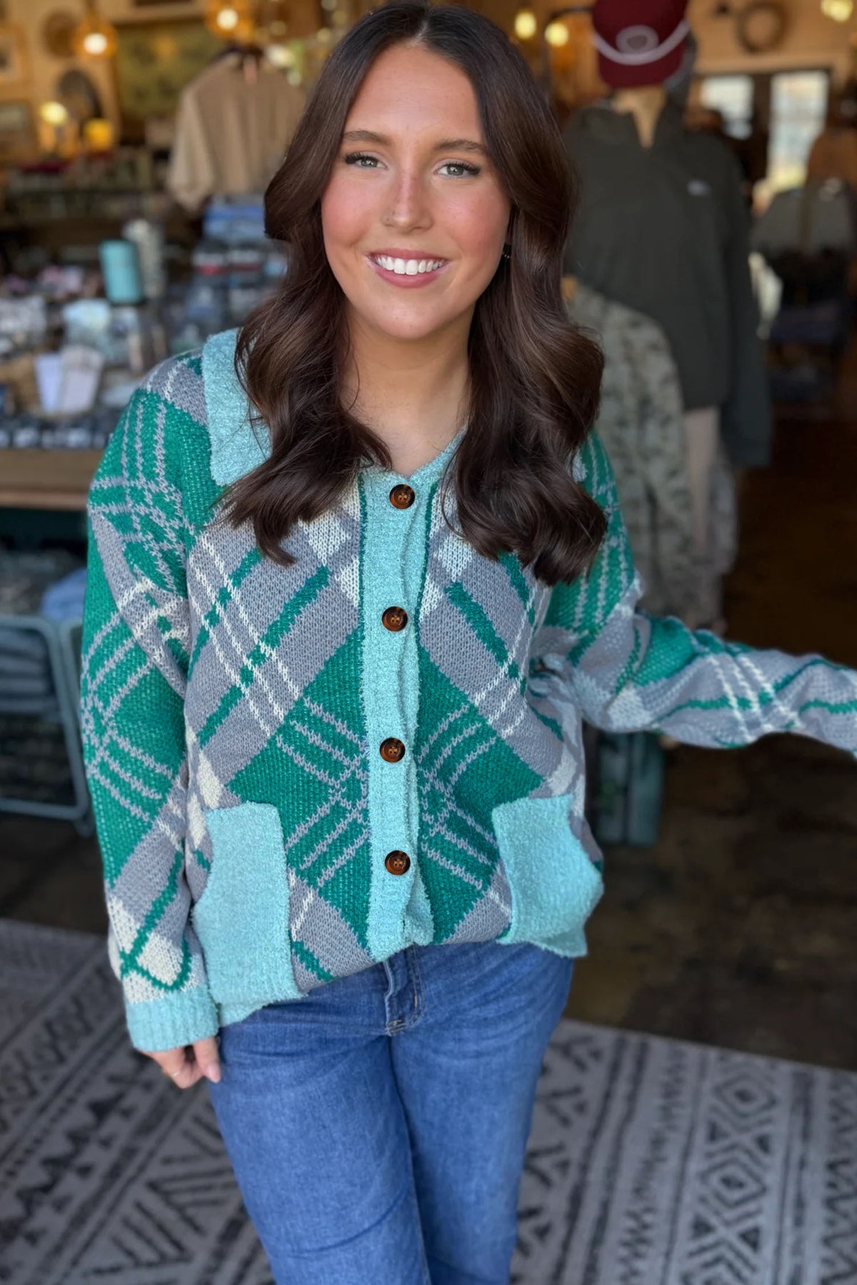 Green Plaid V Neck Long Sleeve Shift Cardigan Sweater PREORDER ETA 3 WEEKS