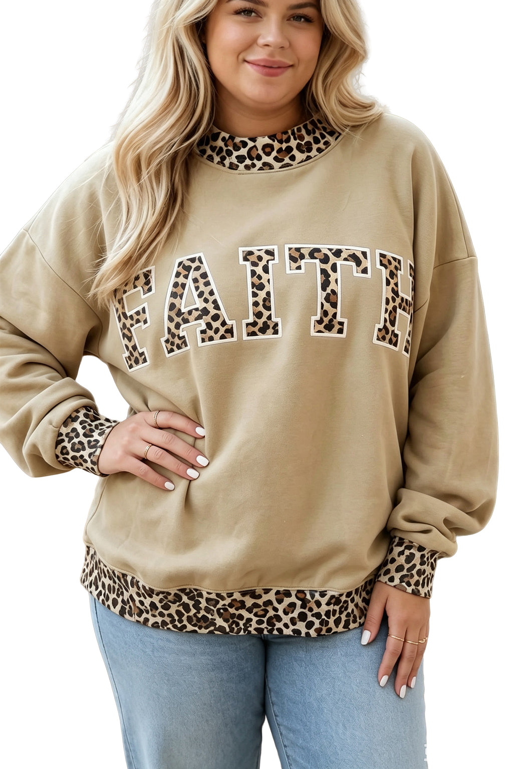Parchment Plus Size Leopard Trim Mock Neck FAITH Graphic Sweatshirt PREORDER ETA 3 WEEKS