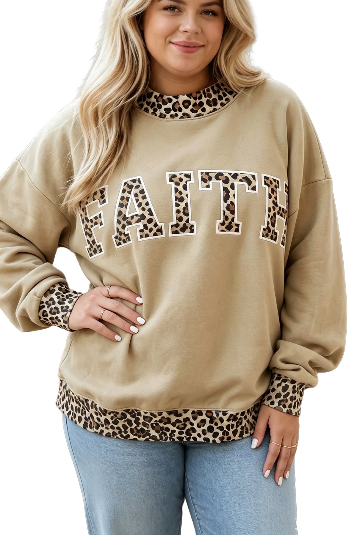 Parchment Plus Size Leopard Trim Mock Neck FAITH Graphic Sweatshirt PREORDER ETA 3 WEEKS
