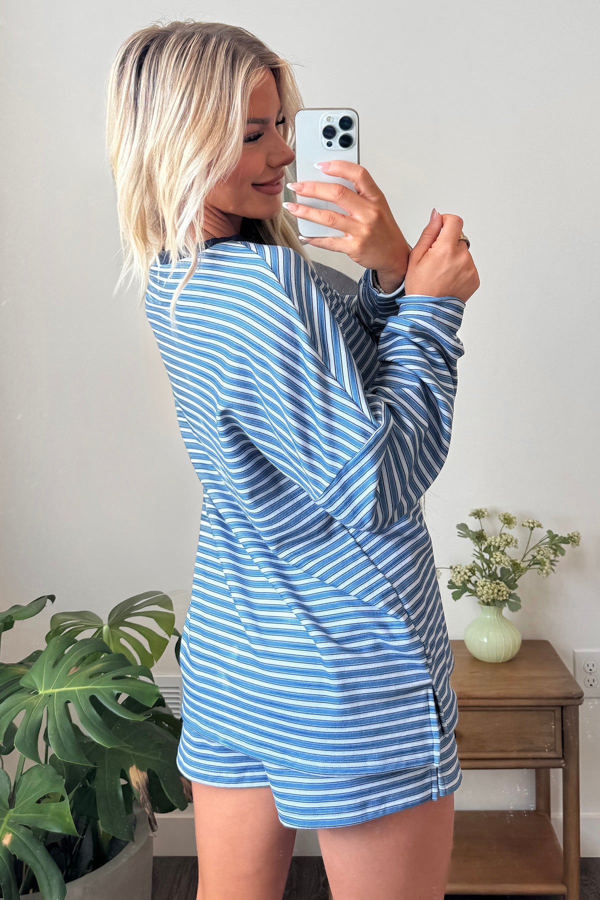 Sky Blue Stripe Long Sleeve Oversized Top Pocketed Casual Shorts Two Piece Set PREORDER ETA 3 WEEKS