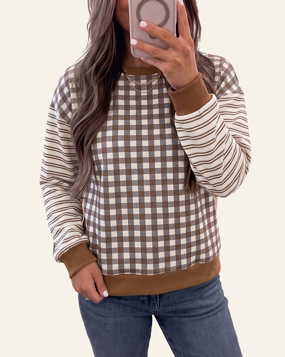 Brown Plaid Striped Patchwork Long Sleeve Casual Top PREORDER ETA 3 WEEKS