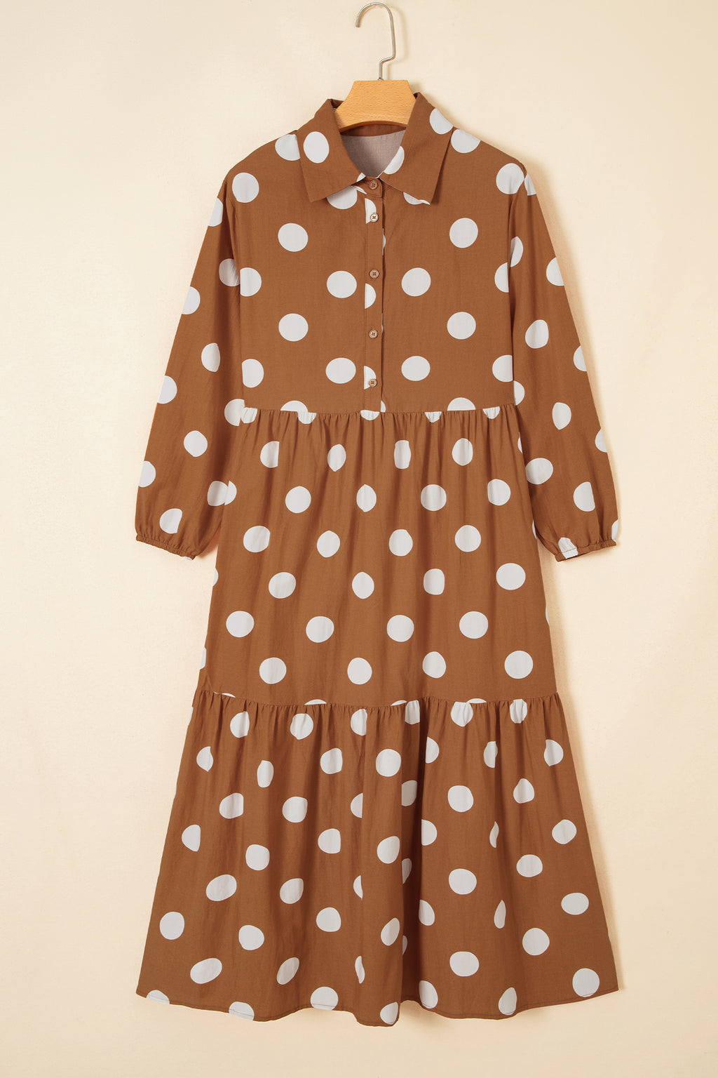 Brown Polka Dot Button Front Long Sleeve Shift Dress PREORDER 3 WEEK TAT
