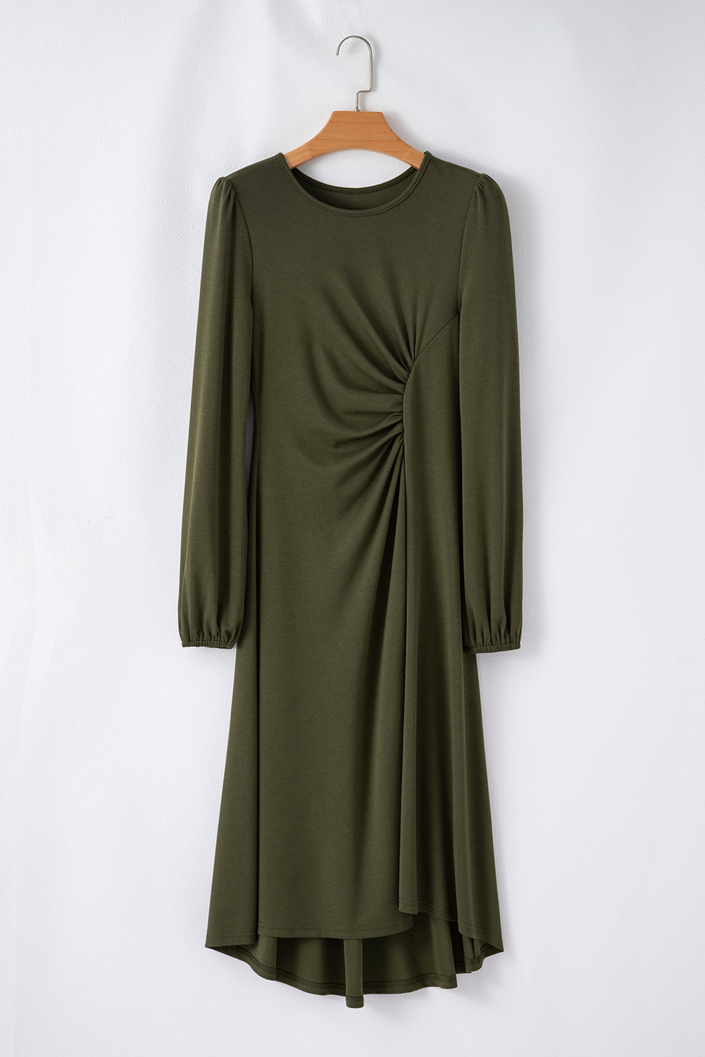 Jungle Green Solid Color Ruched Detail Long Sleeve Midi Dress PREORDER ETA 3 WEEKS