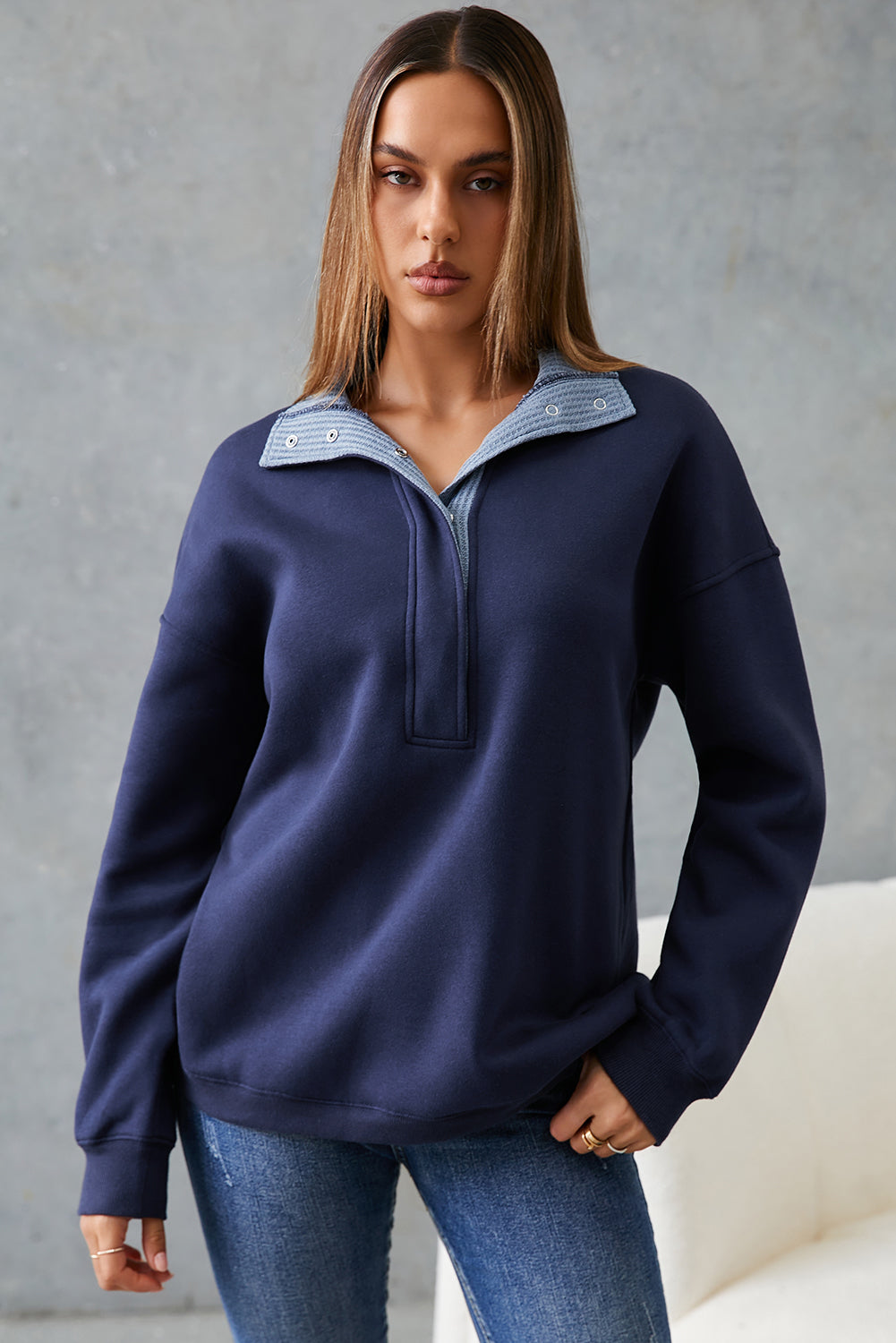 Dirty blue Drop Shoulder Metal Button Casual Pullover Sweatshirt PREORDER ETA 3 WEEKS