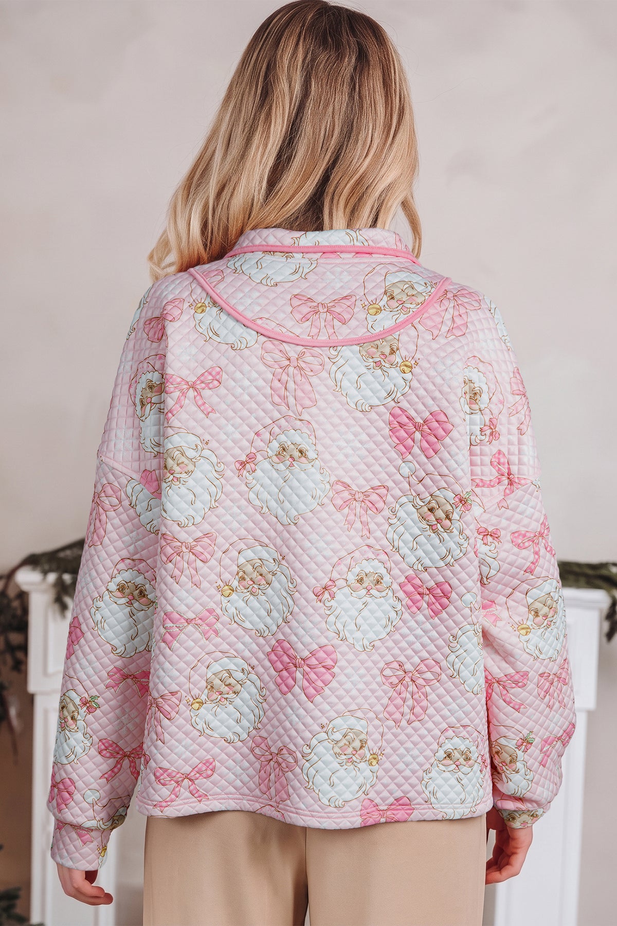 Pink Abstract Christmas Print Zip-Up Collar Long Sleeve Sweatshirt PREORDER ETA 3 WEEKS