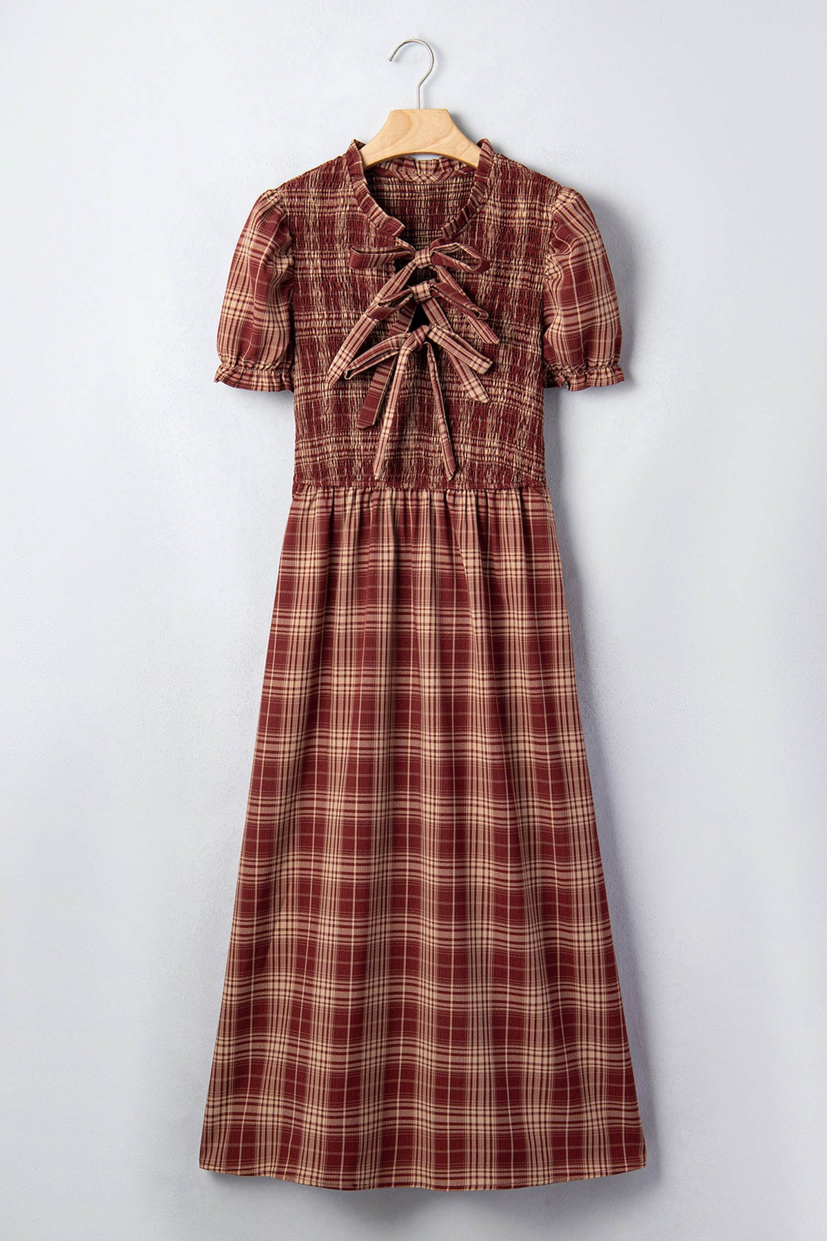 Red Vintage Plaid Knot Front Smocked High Waist Midi Dress PREORDER ETA 3 WEEKS