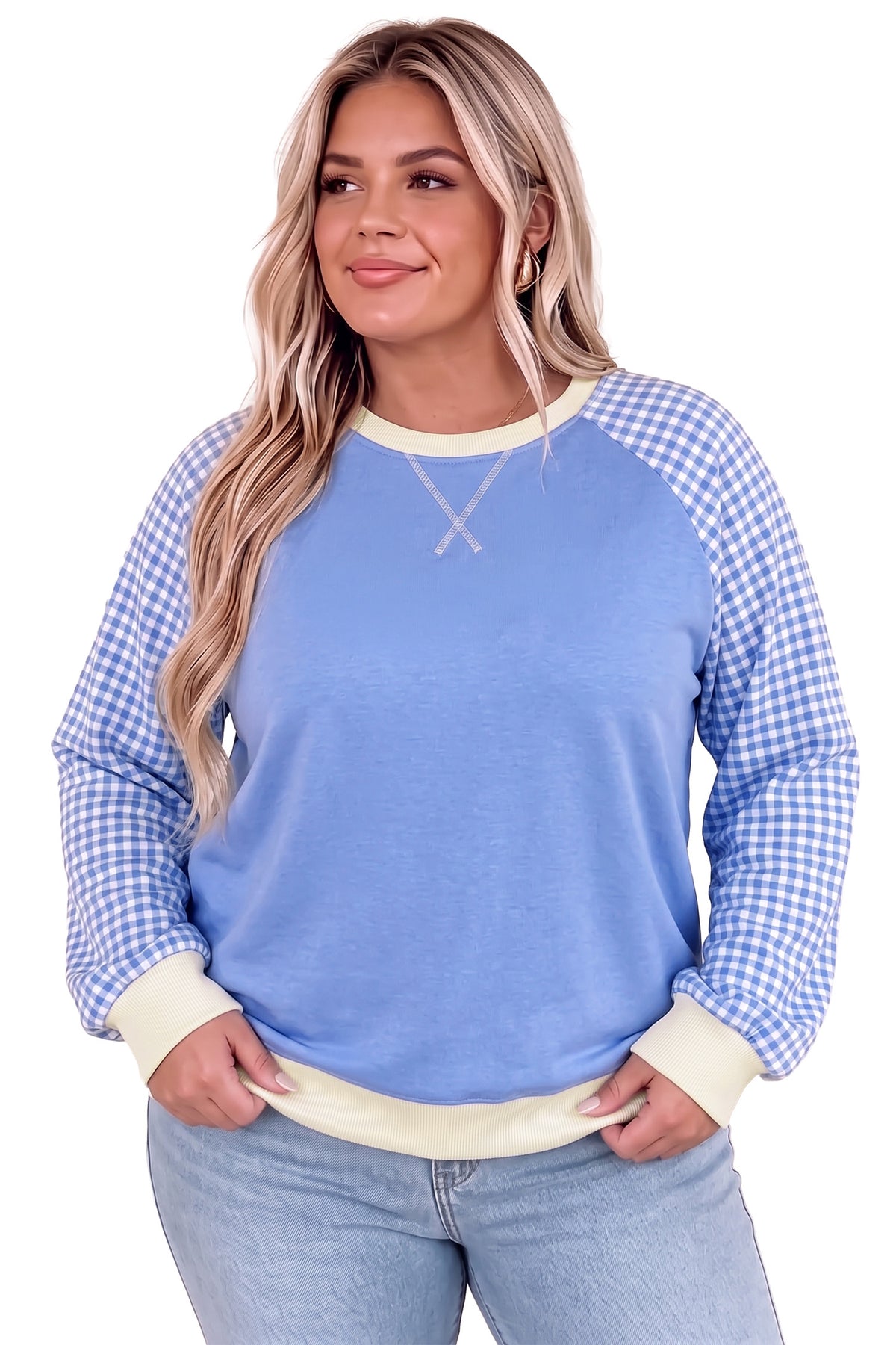 Light Blue Plaid Sleeve Ribbed Colorblock Trim Plus Size Sweatshirt PREORDER ETA 3 WEEKS