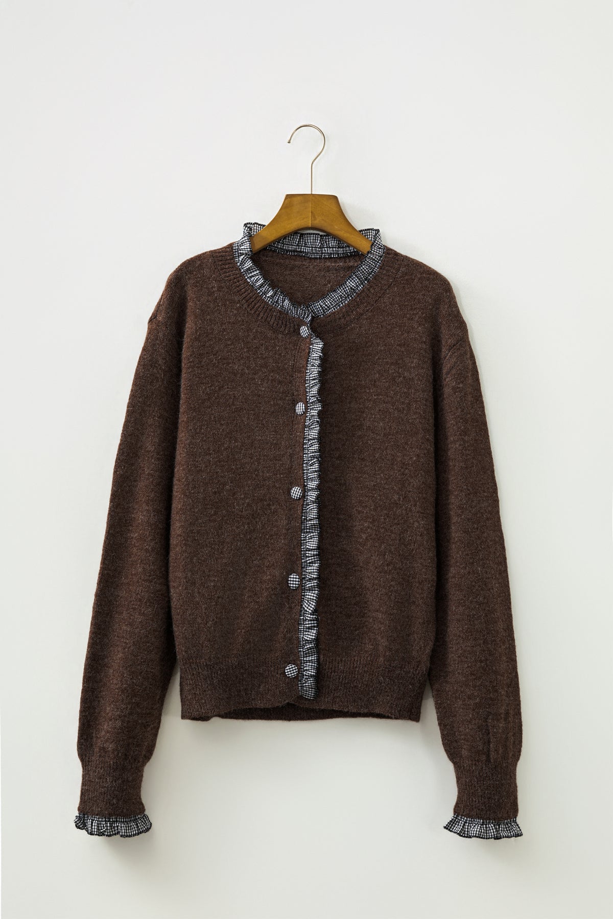 Chicory Coffee Plaid Ruffle Trim Patchwork Button Sweater Cardigan PREORDER ETA 3 WEEKS
