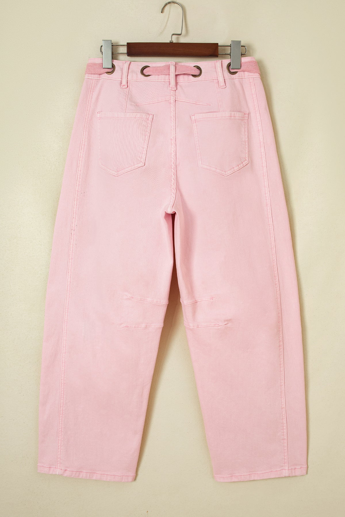 Light Pink Solid Color Grommet Detail Knot Waist Barrel Jeans PREORDER ETA 3 WEEKS