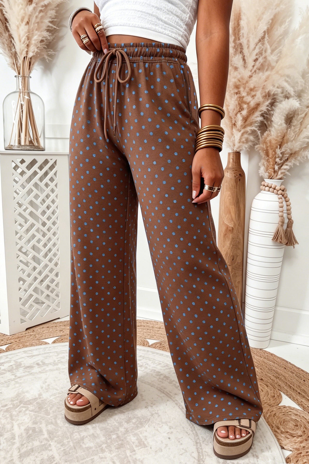 Brown Casual Polka Dot Wide Leg Drawstring Pants PREORDER ETA 3 WEEKS