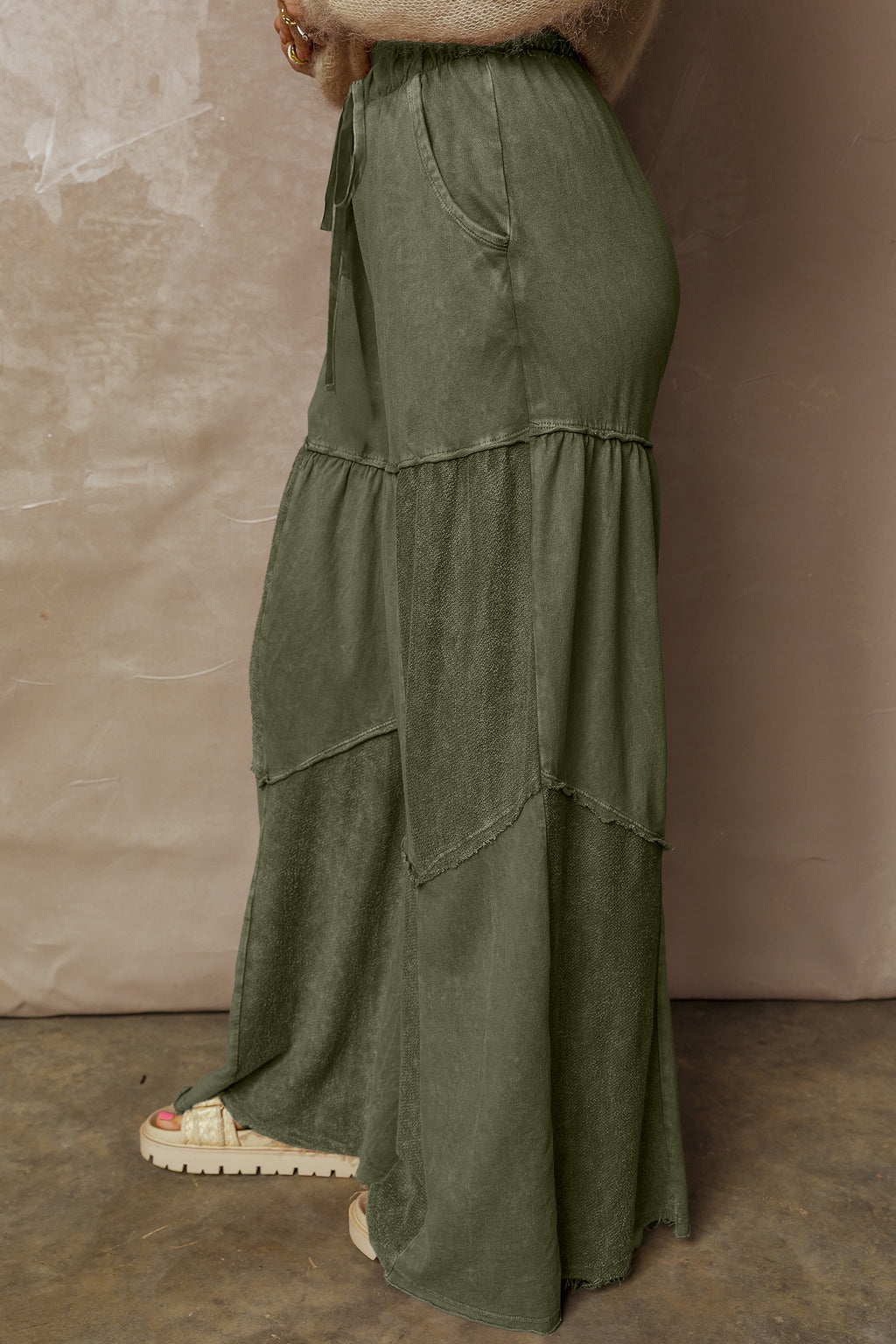 Vineyard Green Mineral Wash Tiered Wide Leg Patchwork Drawstring Pants PREORDER ETA 3 WEEKS