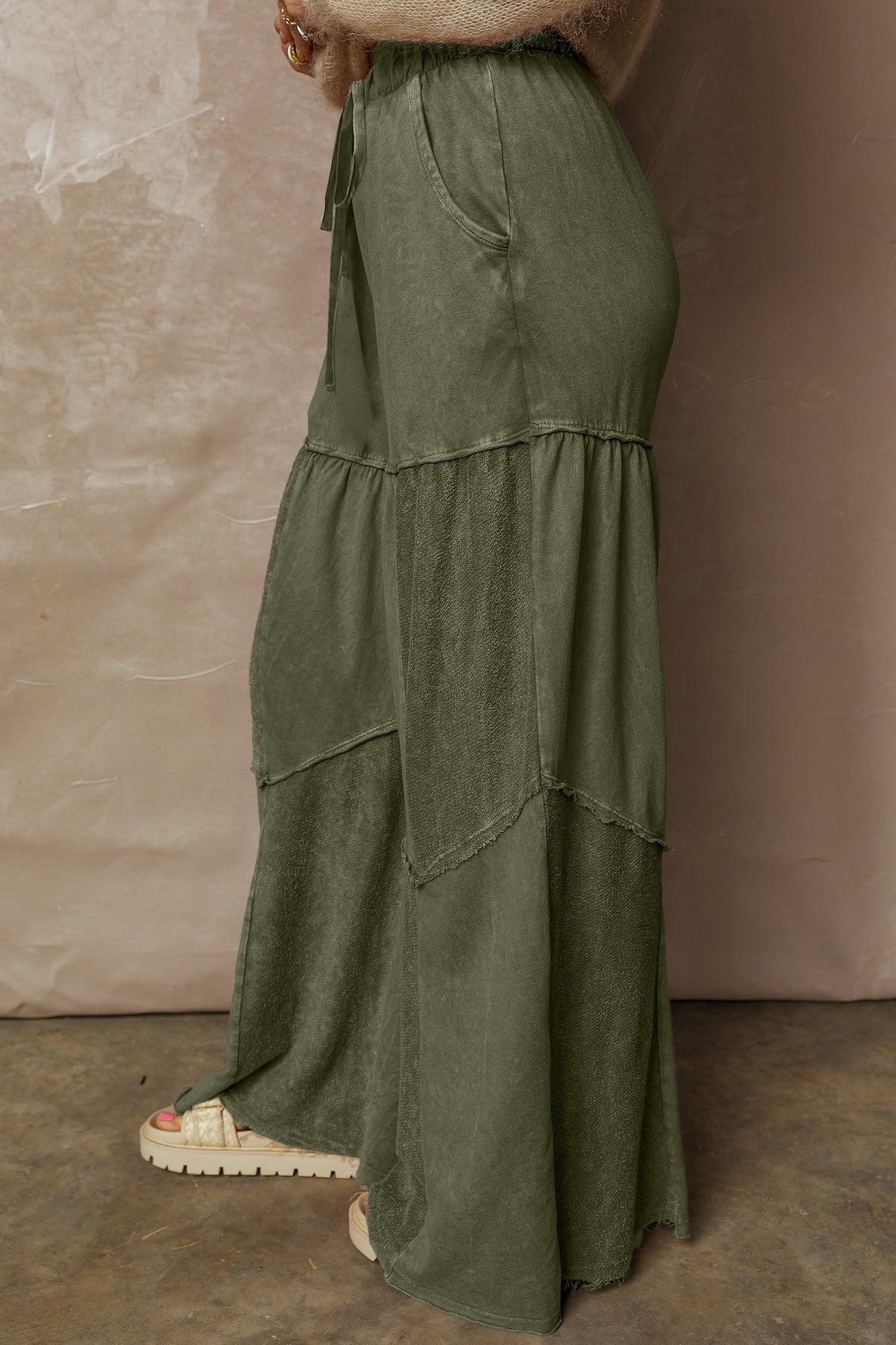 Vineyard Green Mineral Wash Tiered Wide Leg Patchwork Drawstring Pants PREORDER ETA 3 WEEKS