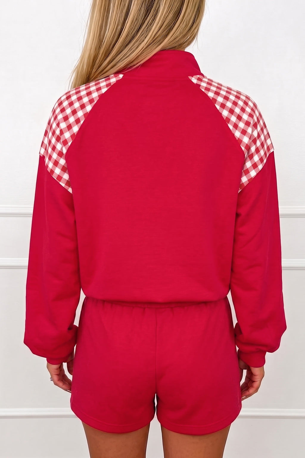 Bright Green Plaid Patchwork Half Zip Pullover Drawstring Short Set PREORDER ETA 3 WEEKS