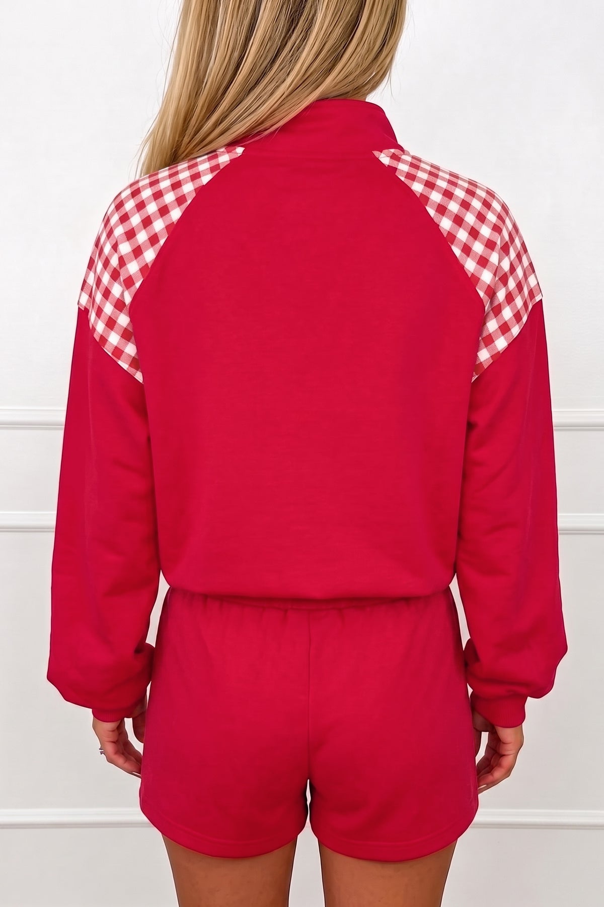 Bright Green Plaid Patchwork Half Zip Pullover Drawstring Short Set PREORDER ETA 3 WEEKS