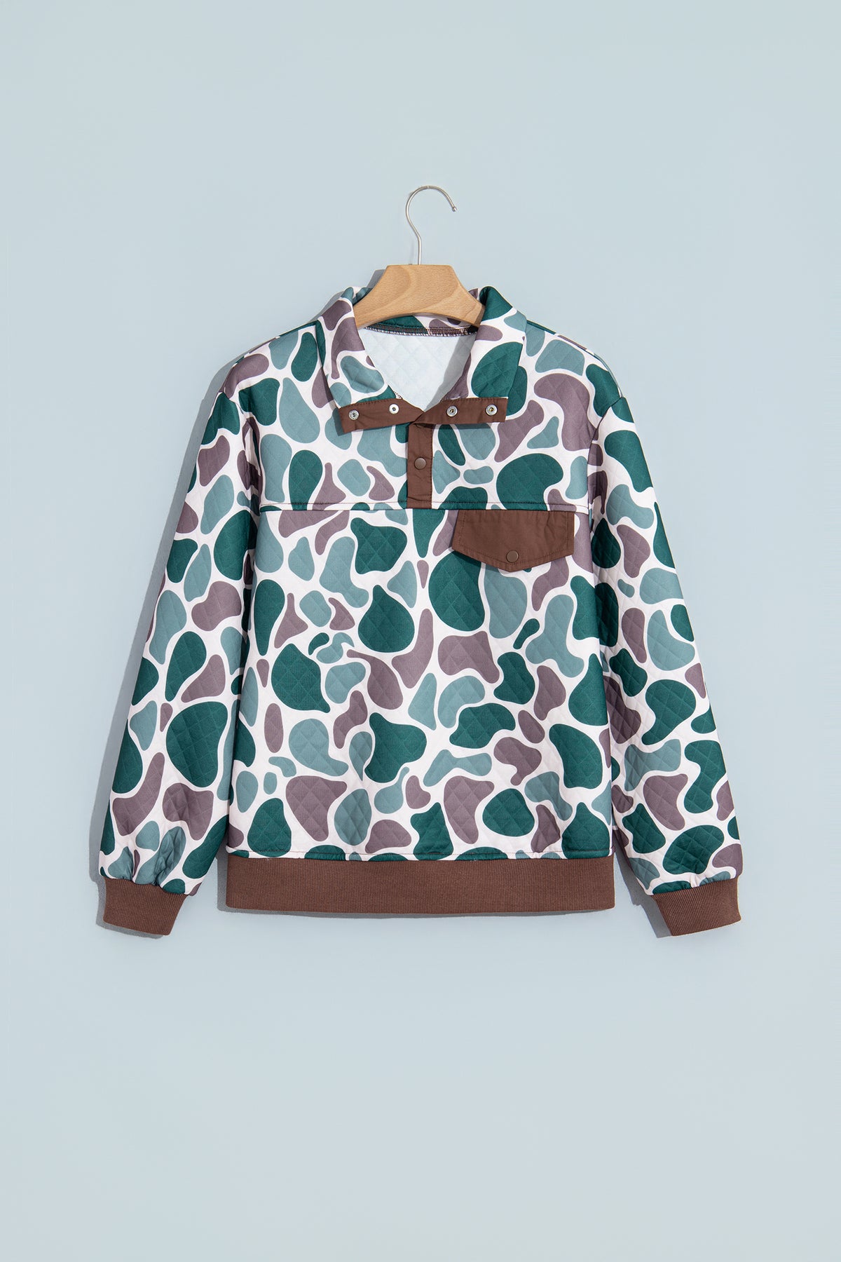 Multicolour Retro Camouflage Pattern Color Block Detail Button Pullover Sweatshirt PREORDER ETA 3 WEEK