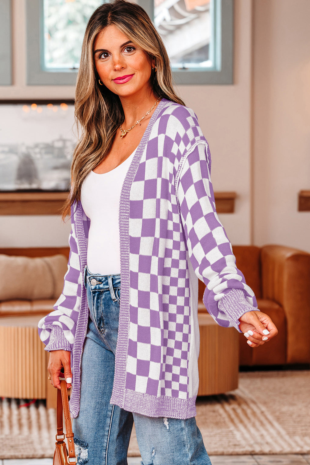 Purple Checkered Open Front Drop Shoulder Cardigan PREORDER ETA 3 WEEKS