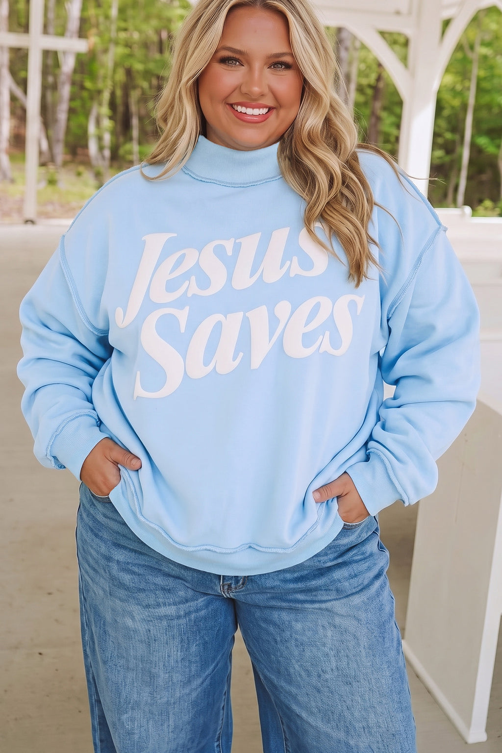 Mist Blue Plus Size Jesus Saves Slogan Print Mock Neck Sweatshirt PREORDER ETA 3 WEEKS