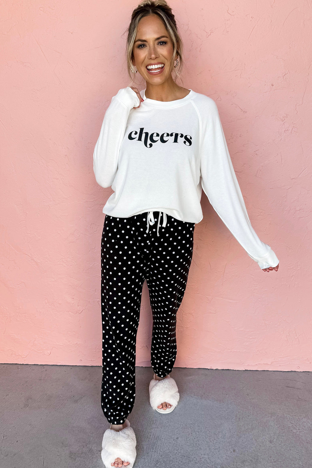 Black Cheers Graphic Raglan Long Sleeve Pullover and Polka Dot Pants 2pcs Loungewear PREORDER ETA 3 WEEKS