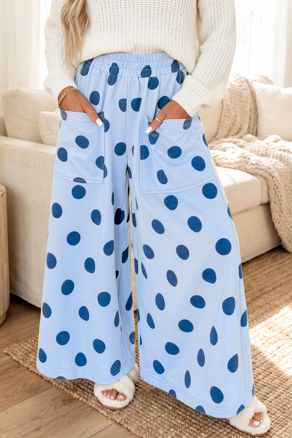 Sky Blue Polka Dot Wide Leg Elastic Waist Casual Pants PREORDER ETA 3 WEEKS