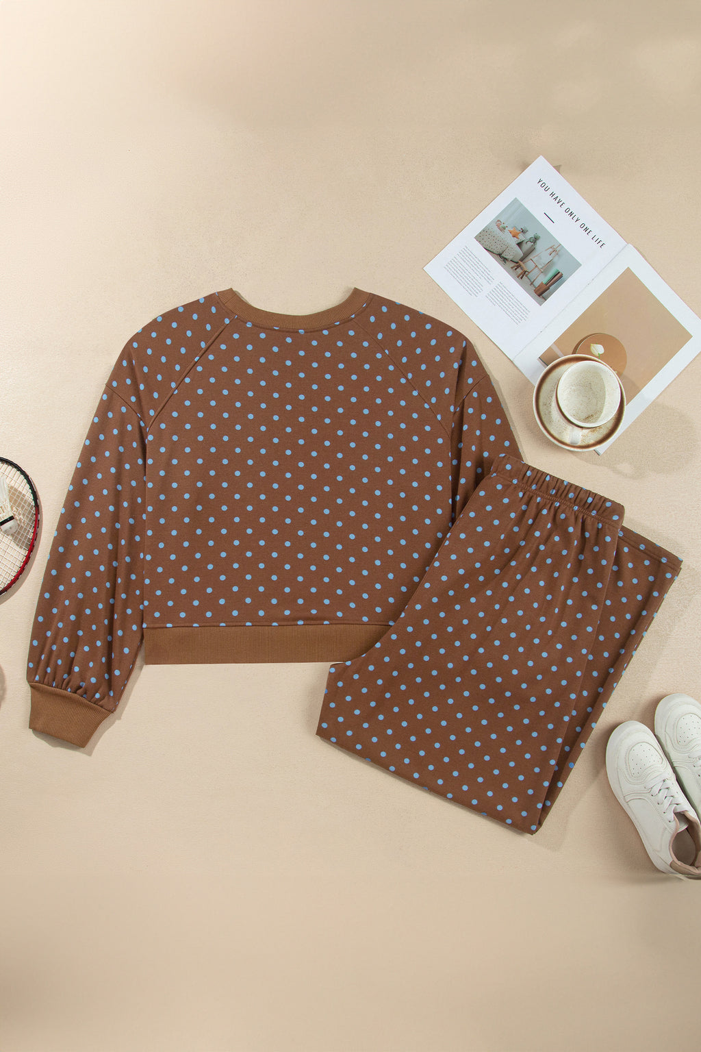 Brown Polka Dot Round Neck Long Sleeve Plus Size Set PREORDER ETA 3 WEEKS