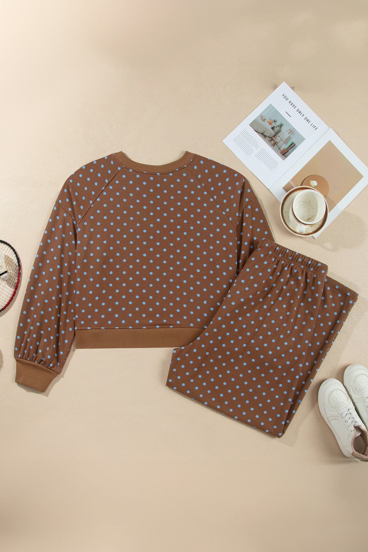 Brown Polka Dot Round Neck Long Sleeve Plus Size Set PREORDER ETA 3 WEEKS