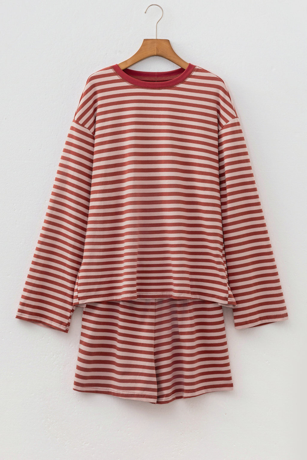 Brown Stripe Relaxed Long Sleeve Top Contrast Elastic Waistband Short Set PREORDER ETA 3 WEEKS