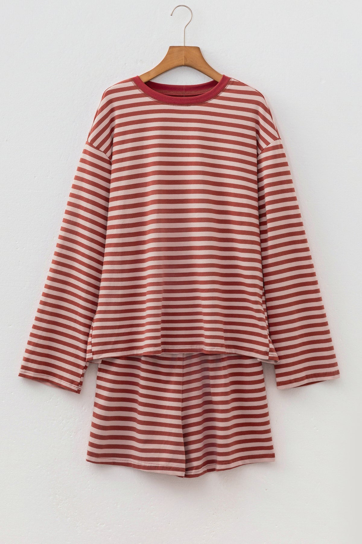 Brown Stripe Relaxed Long Sleeve Top Contrast Elastic Waistband Short Set PREORDER ETA 3 WEEKS
