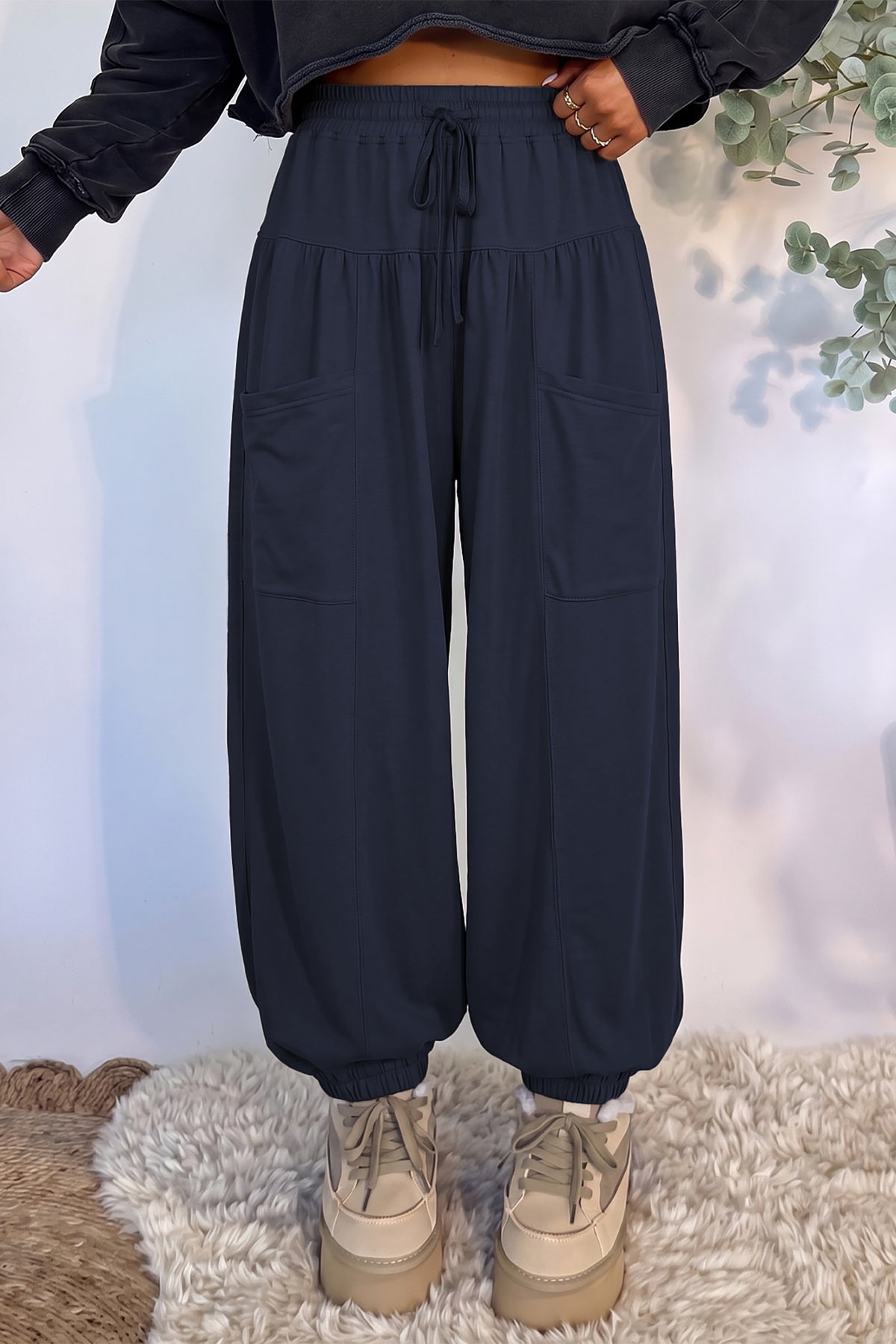 Dirty blue Elastic Waist Drawstring Wide Leg Full Length Pants PREORDER ETA 3 WEEKS