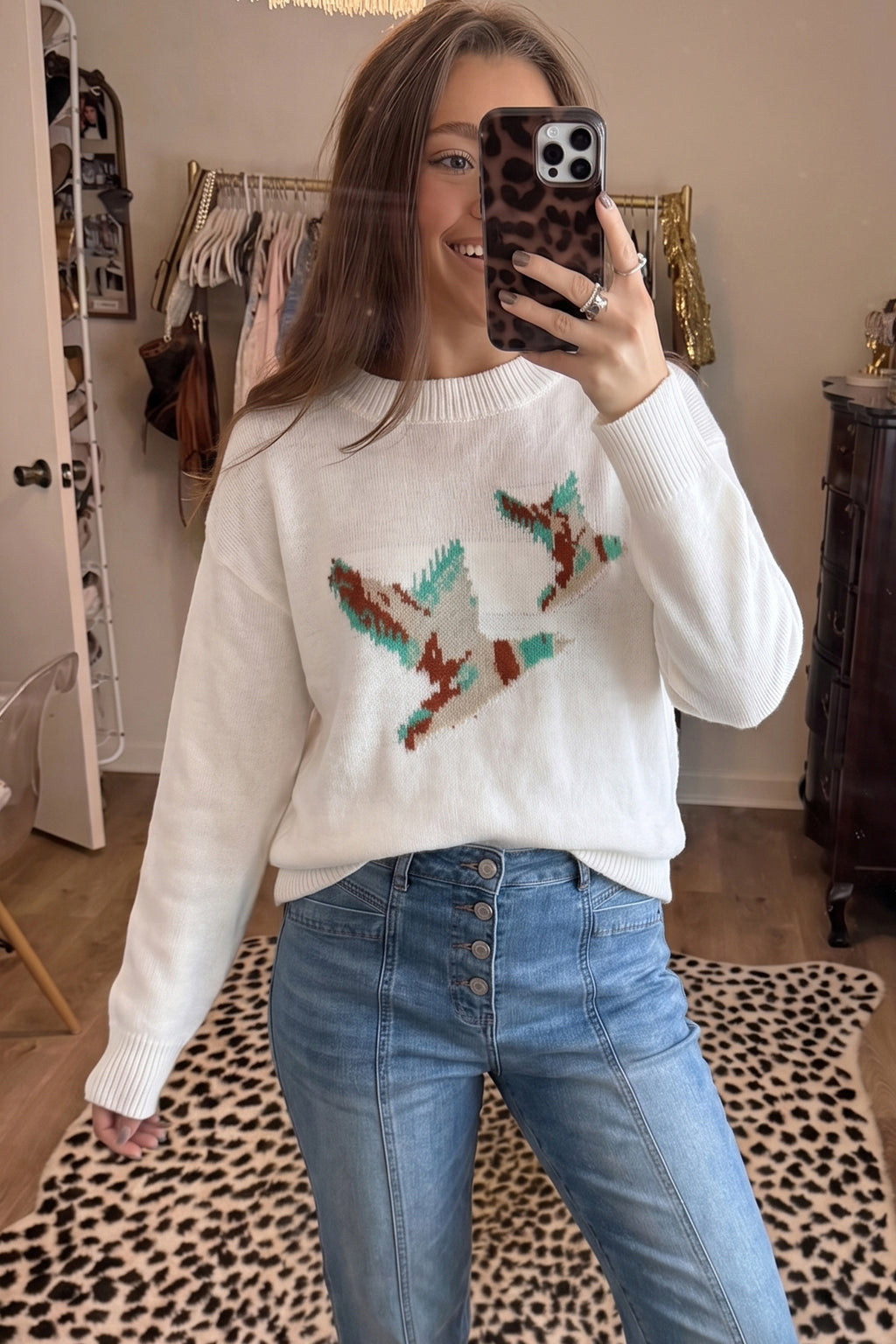 White Wild Mallard Drop Shoulder Round Neck Long Sleeve Pullover Sweater PREORDER ETA 3 WEEKS