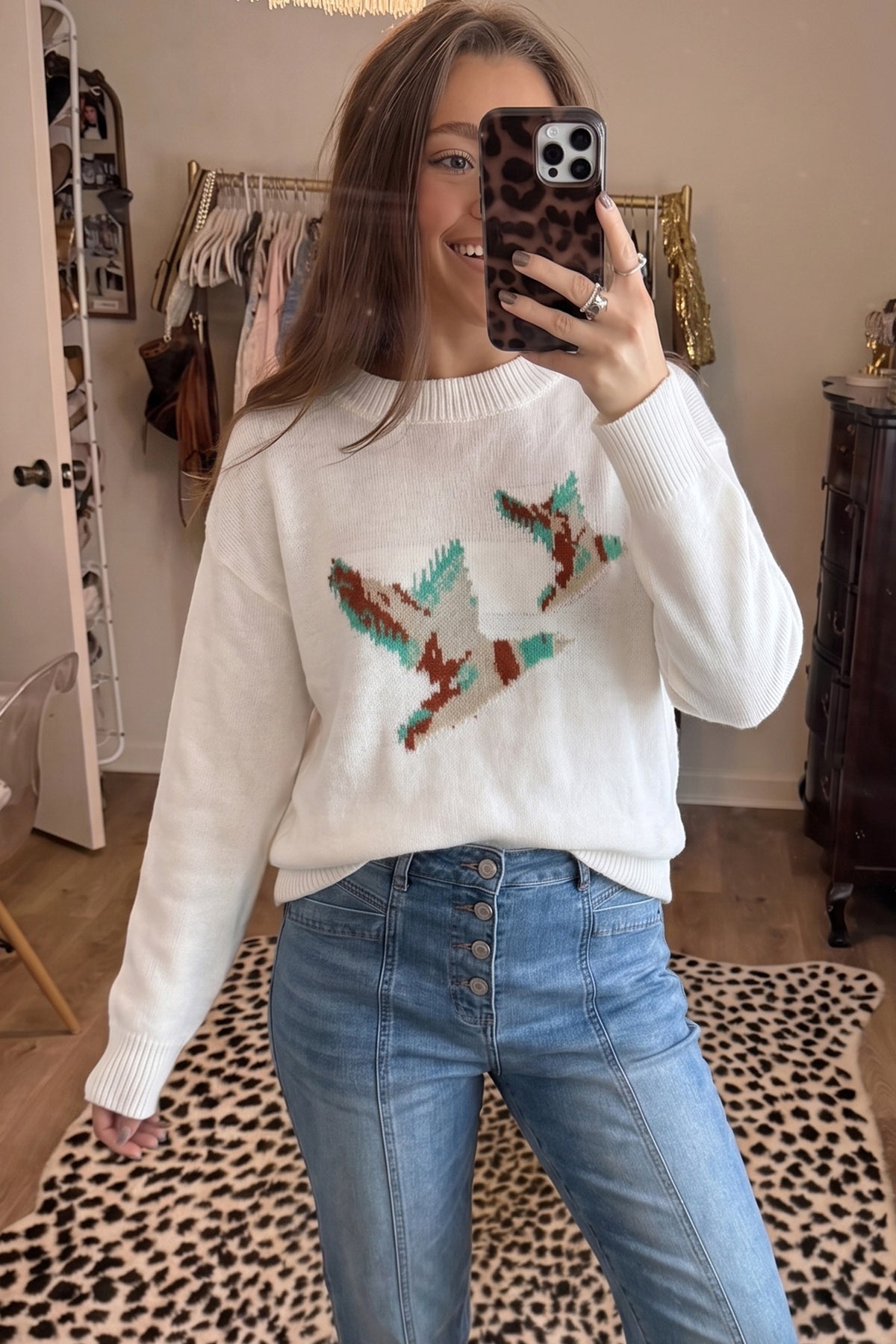 White Wild Mallard Drop Shoulder Round Neck Long Sleeve Pullover Sweater PREORDER ETA 3 WEEKS