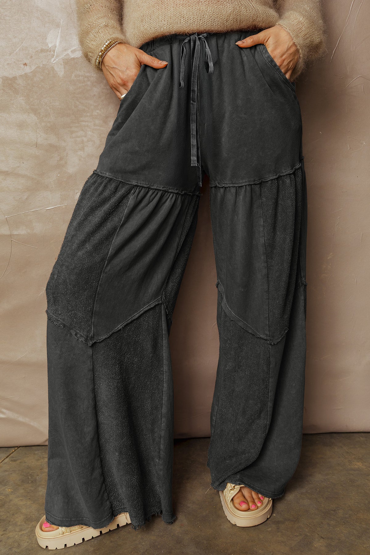 Black Mineral Wash Tiered Wide Leg Patchwork Drawstring Pants PREORDER ETA 3 WEEKS