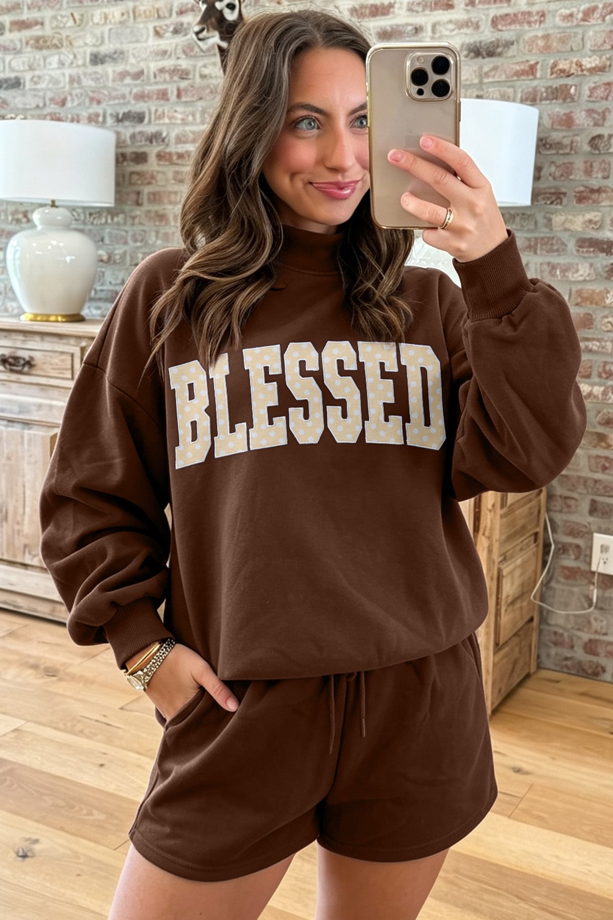 Coffee Christian Slogan Print Mock Neck Pullover and Shorts Set PREORDER ETA 3 WEEKS