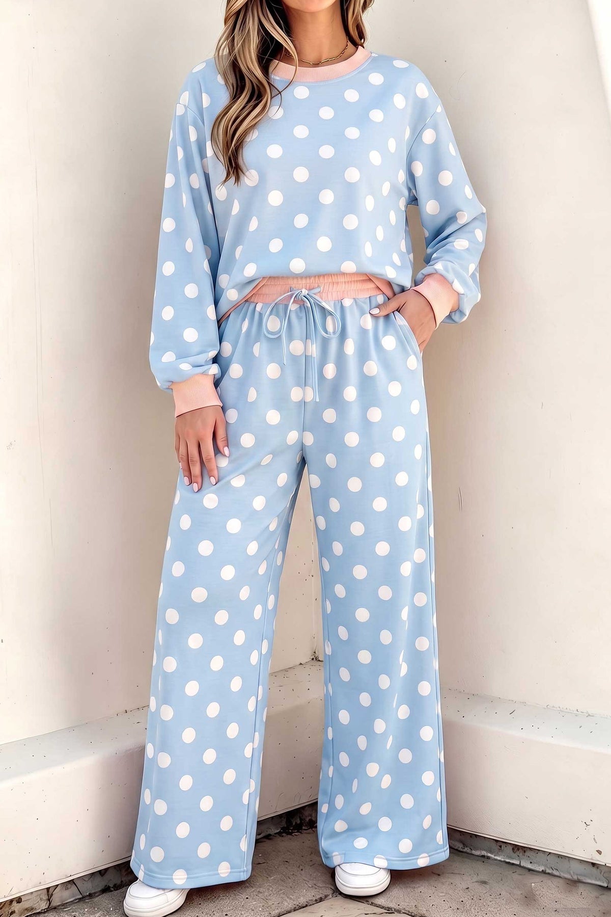 Khaki Polka Dot Contrast Trim Long Sleeve Top Drawstring Shift Pants Set PREORDER ETA 3 WEEKS