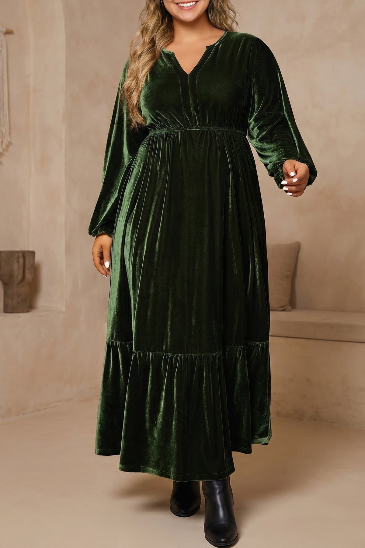 Blackish Green V Neck Long Sleeve Velvet Loose Fit Plus Size Dress PREORDER ETA 3 WEEKS