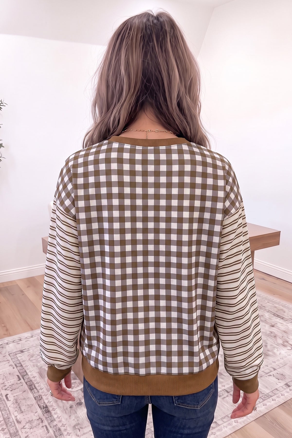 Brown Plaid Striped Patchwork Long Sleeve Casual Top PREORDER ETA 3 WEEKS