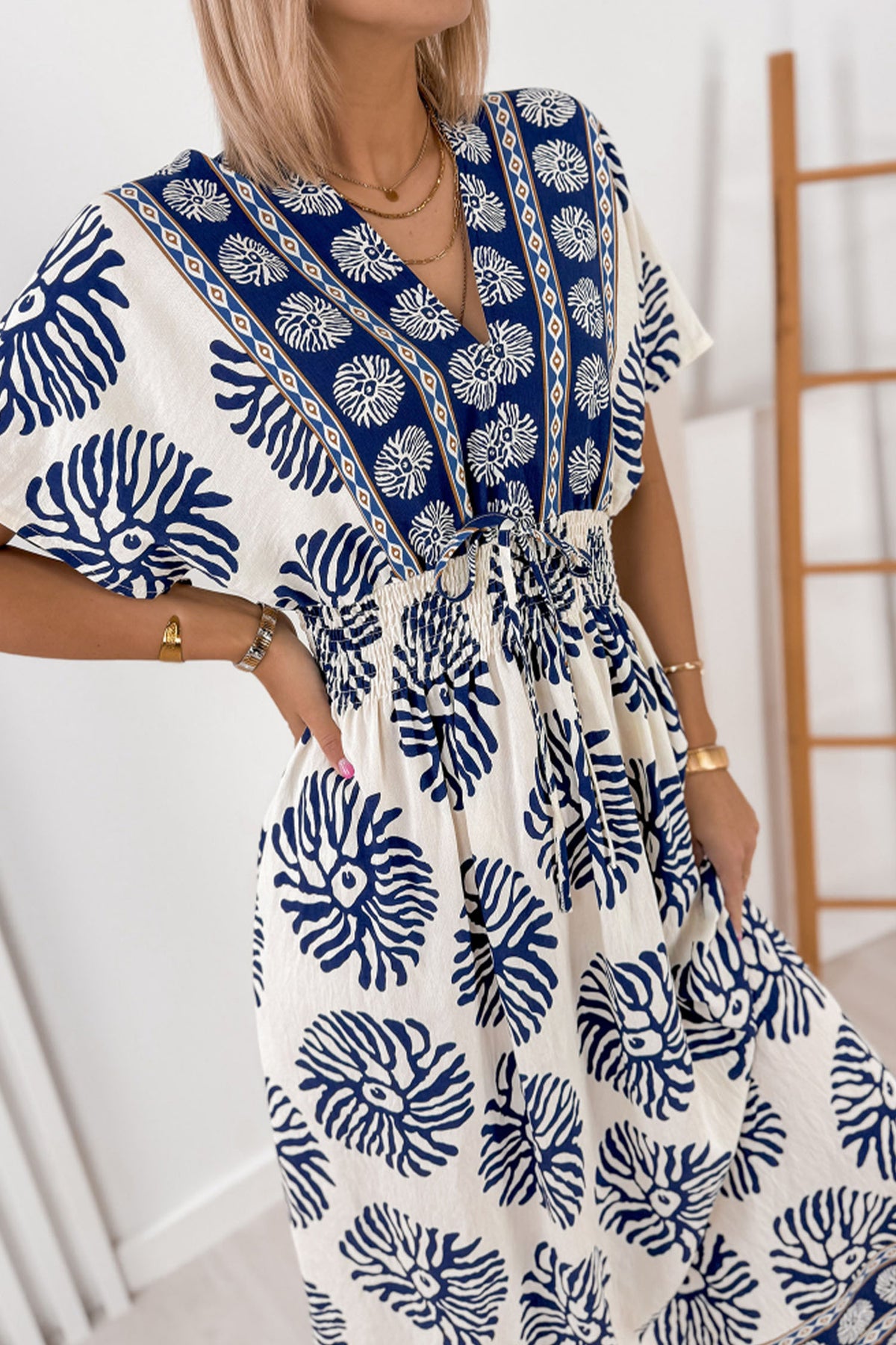 Blue Boho Floral Print Contrast Patchwork V Neck Dolman Maxi Dress PREORDER ETA 3 WEEKS