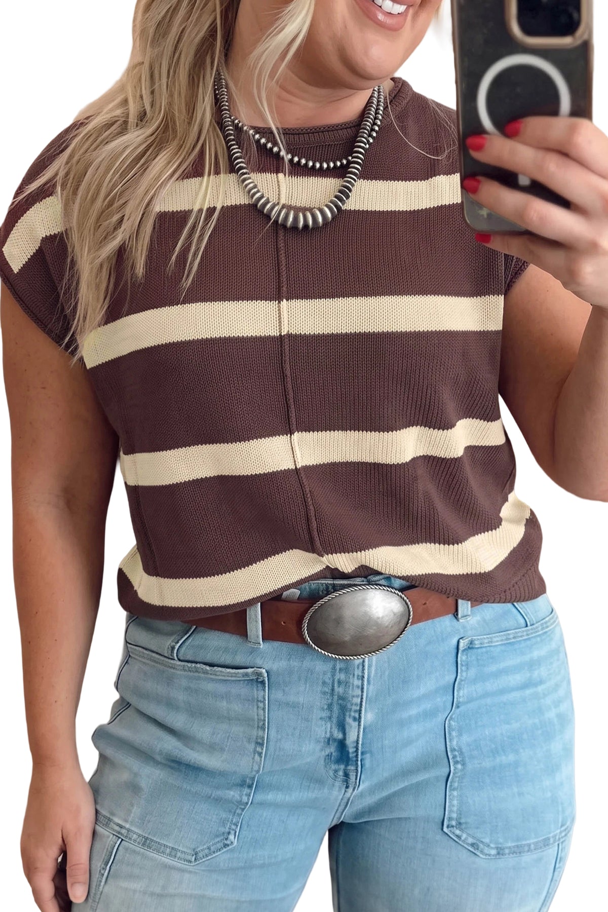 Brown Stripe Colorblock Knit Plus Size Sleeveless Casual Sweater PREORDER ETA 3 WEEKS