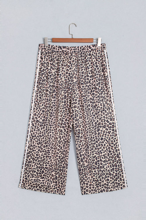 Beige Plus Size Leopard Print Side Stripes Detail Casual Pants PREORDER ETA 3 WEEKS