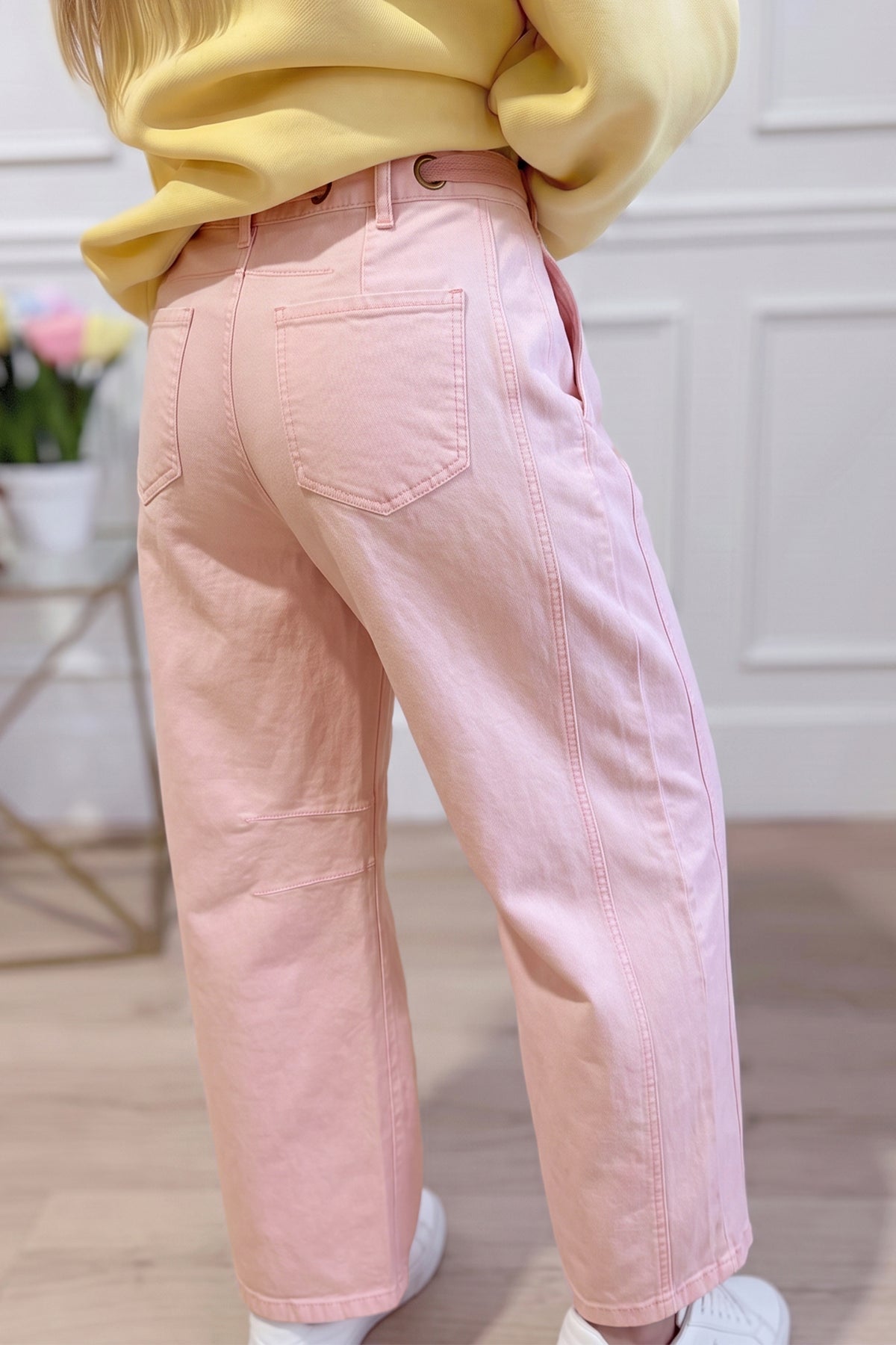 Light Pink Solid Color Grommet Detail Knot Waist Barrel Jeans PREORDER ETA 3 WEEKS
