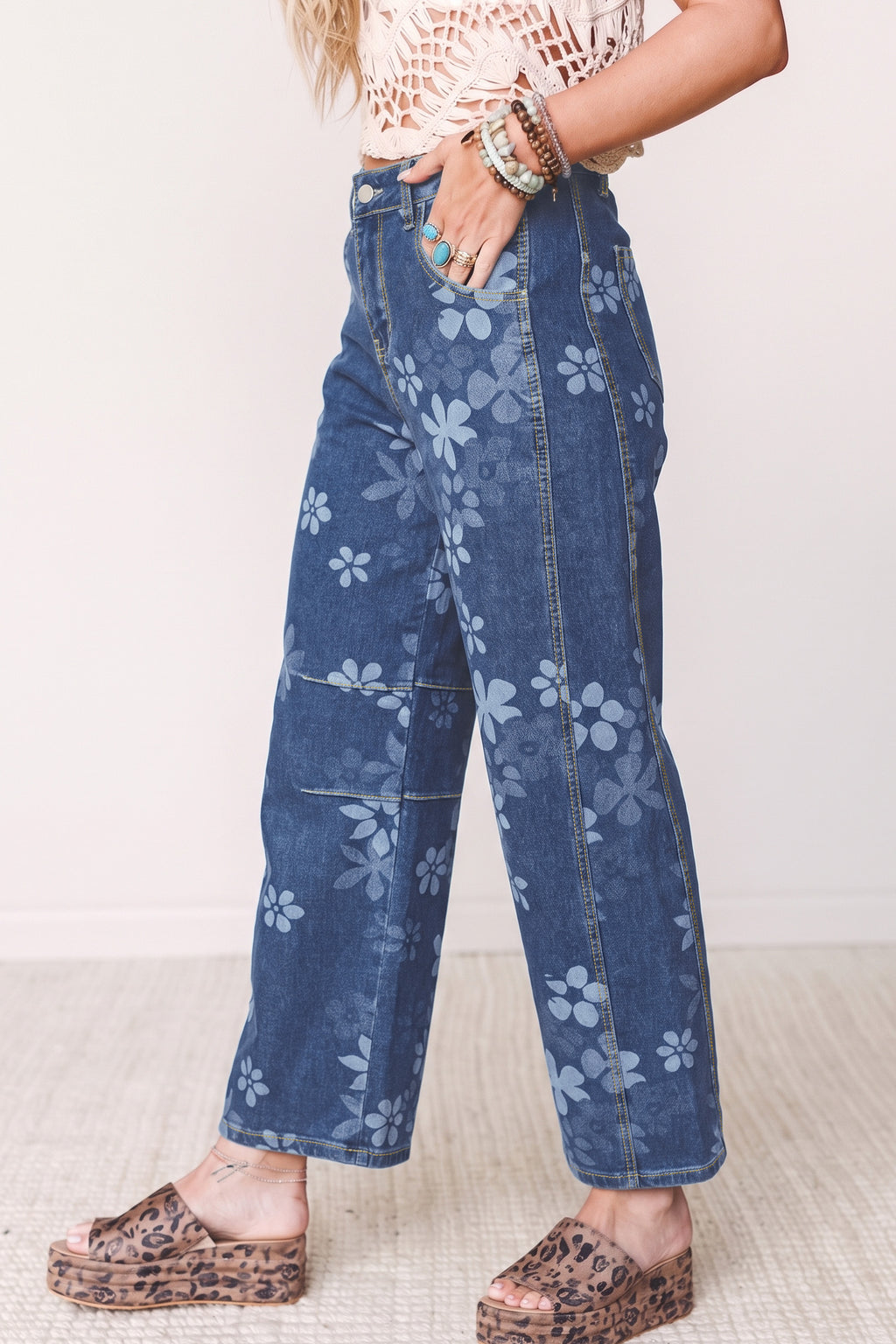 Blue Floral Print Ankle Length Casual Pocket Jeans PREORDER ETA 3 WEEKS