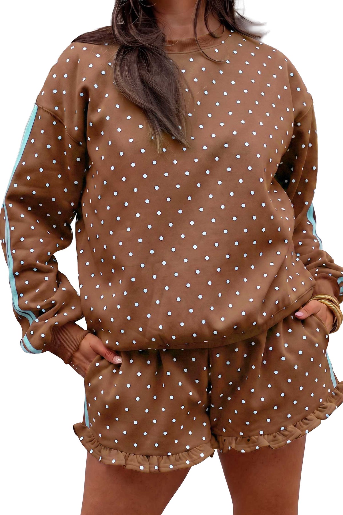 Brown Polka Dot Print Side Stripe Detail Casual Sweatshirt 2pcs Short Set PREORDER ETA 3 WEEKS