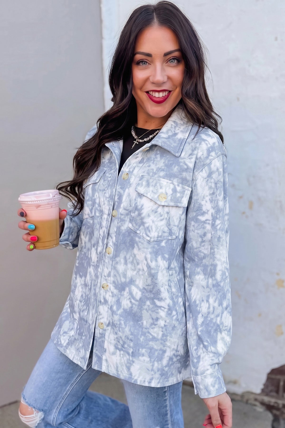 Gray Abstract Print Fuzzy Collar Long Sleeve Patch Pocket Tunic Jacket PREORDER ETA 3 WEEKS